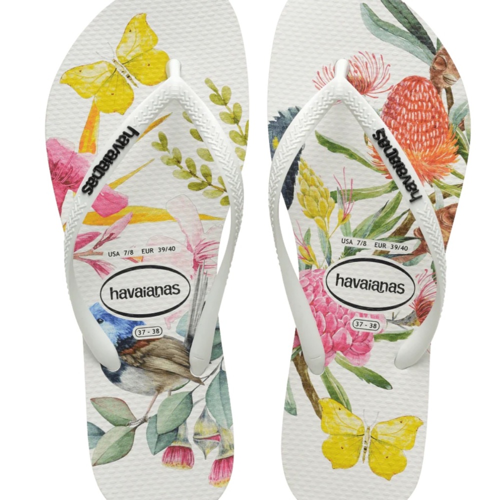 Havaianas White Floral and Butterfly Flip Flops US SIZE 6, EUR 37/38